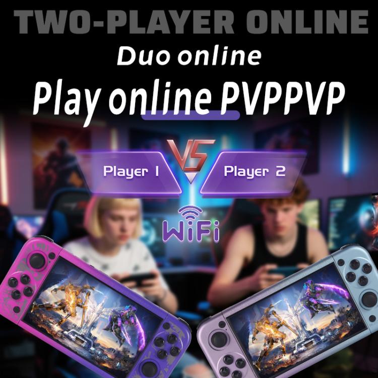 Two handheld game consoles, pink and gray, each with 5-inch screens and controls