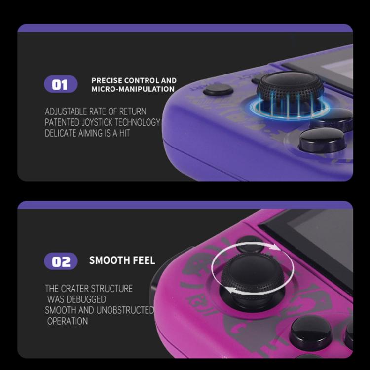 Purple handheld console with thumbstick and dual trigger buttons