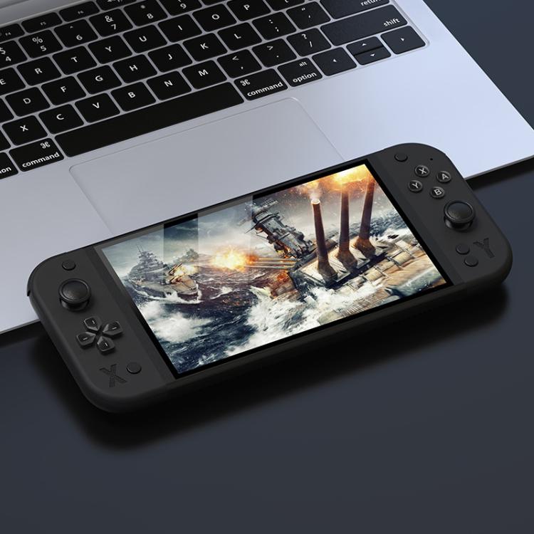 Black handheld game console with front controls and battle-game display