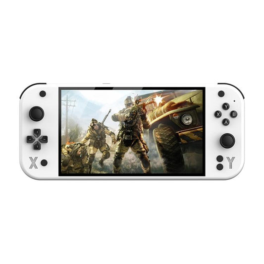 White handheld game console with 7-inch screen and side button grips
