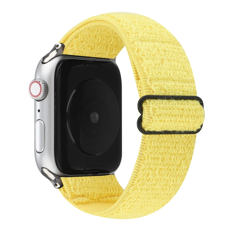 Yellow stretchy nylon Apple Watch band with black hook-and-loop clasp