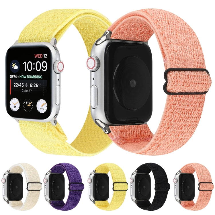 Assorted color stretchy nylon Apple Watch bands with black hook-and-loop clasps