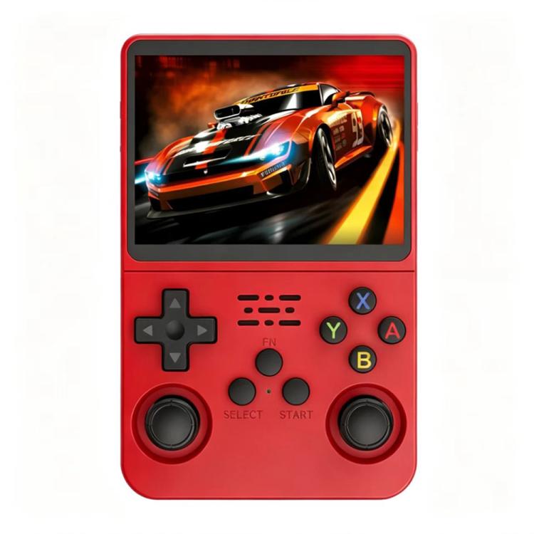 Red handheld retro game console with 3.5-inch screen, D-pad, and ABXY face buttons