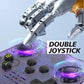 Purple translucent handheld console with double analog thumbsticks and transparent shell