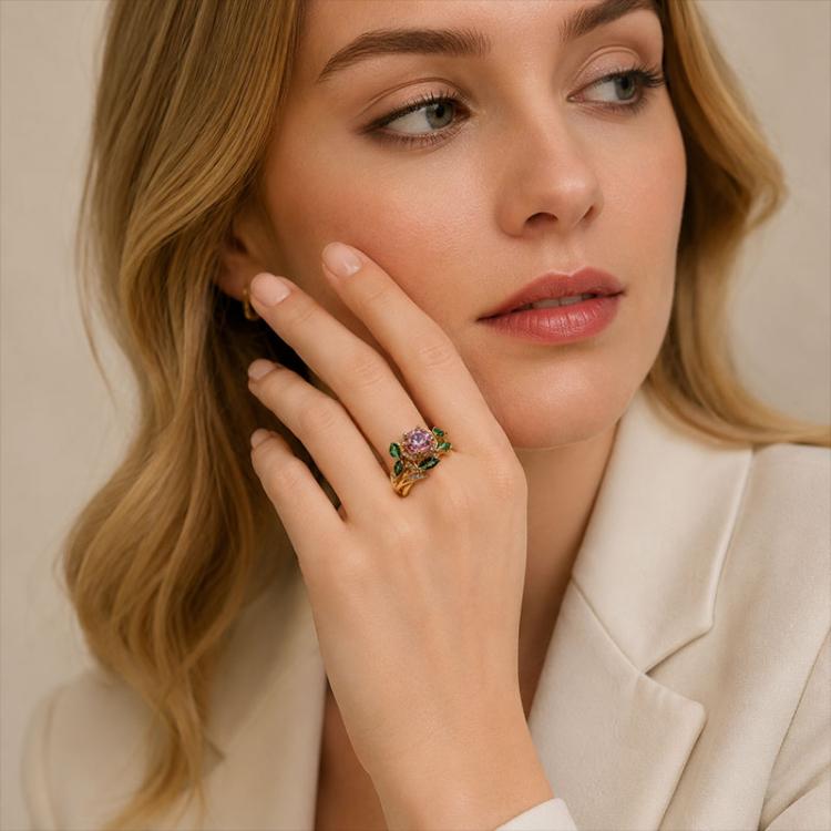 Exquisite Oil Drop Craft Flower Pink Gemstone Ring, Number 8