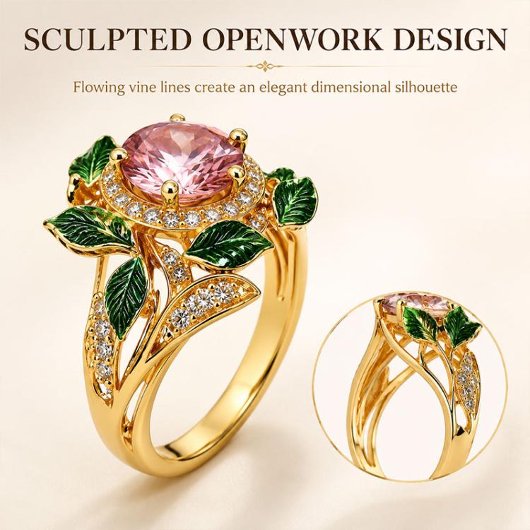 Exquisite Oil Drop Craft Flower Pink Gemstone Ring, Number 8
