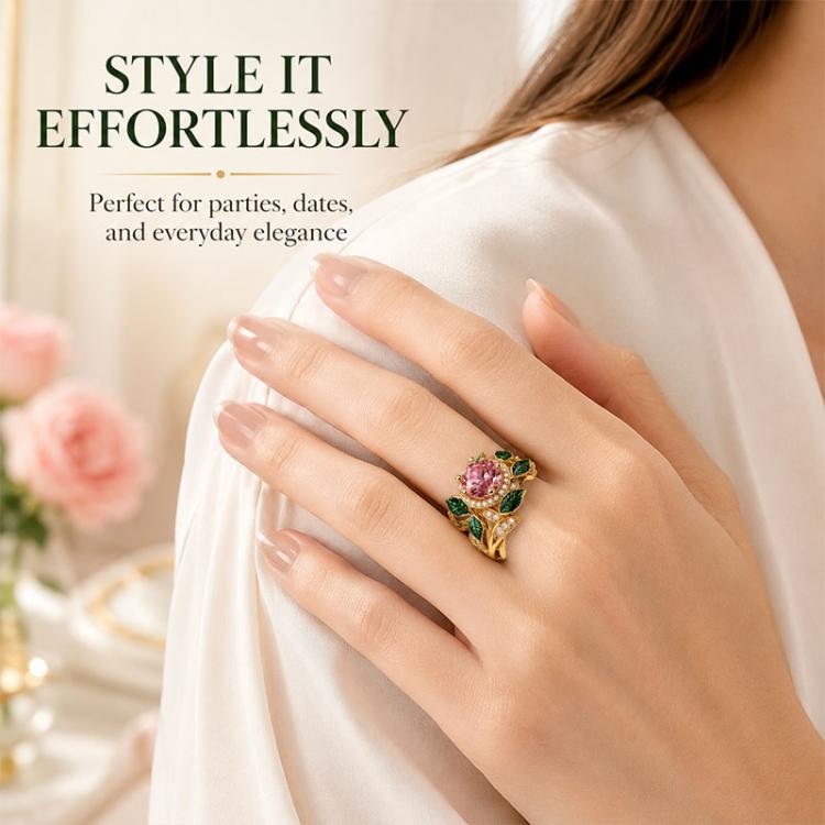 Exquisite Oil Drop Craft Flower Pink Gemstone Ring, Number 8