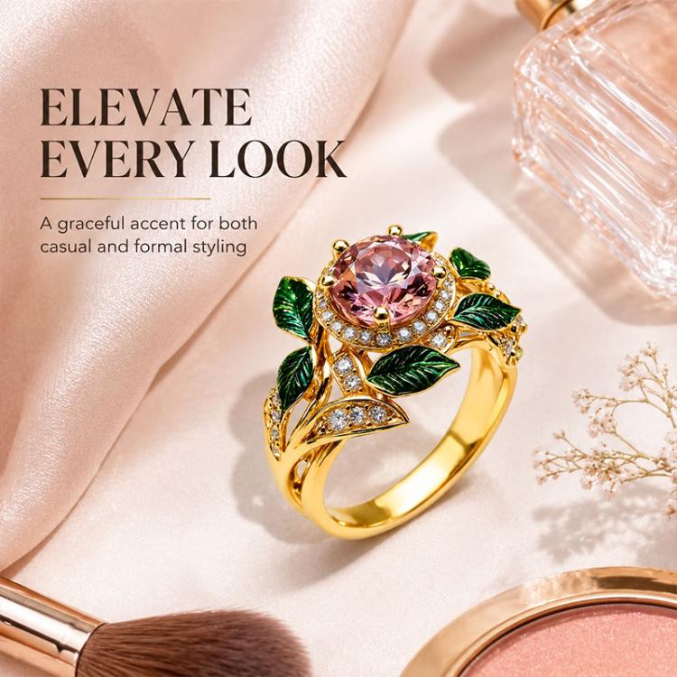 Exquisite Oil Drop Craft Flower Pink Gemstone Ring, Number 8