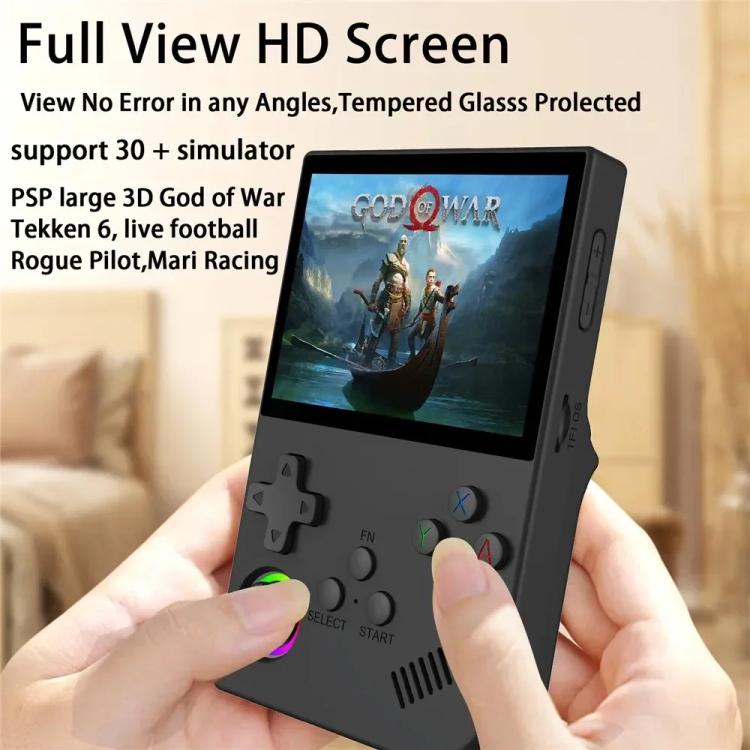 Black handheld retro game console held in hands, showing 3.5-inch screen and buttons