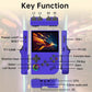 Purple handheld retro game console with labeled port areas and control layout