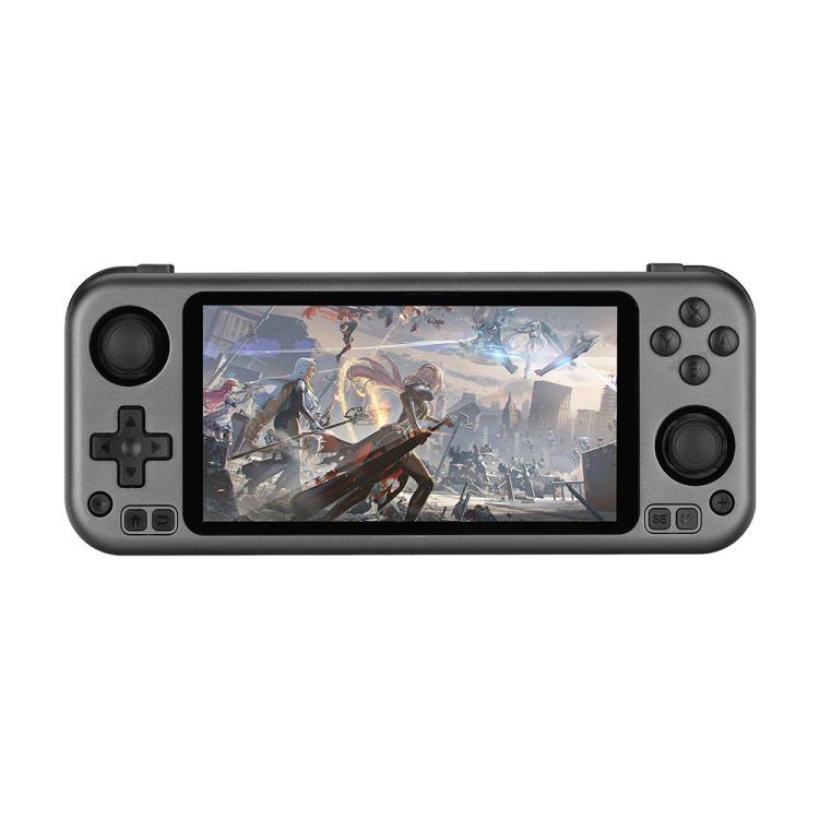 Handheld game console with 5-inch touch screen, dark gray body and dual joysticks