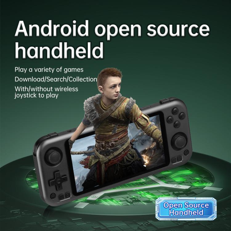 Handheld game console with dark gray controls and 5-inch touchscreen, landscape view