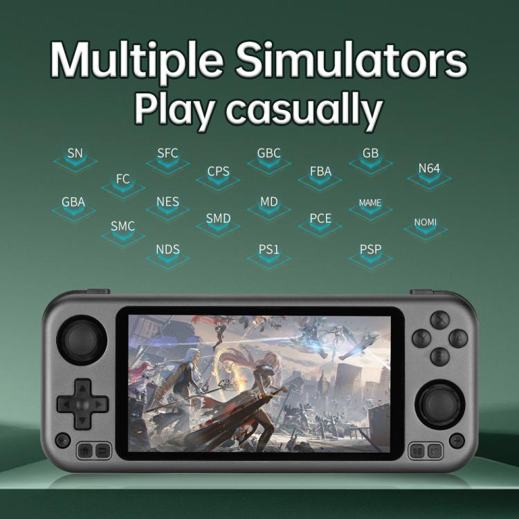 Handheld game console with 5-inch IPS touch screen and dual analog sticks, dark gray