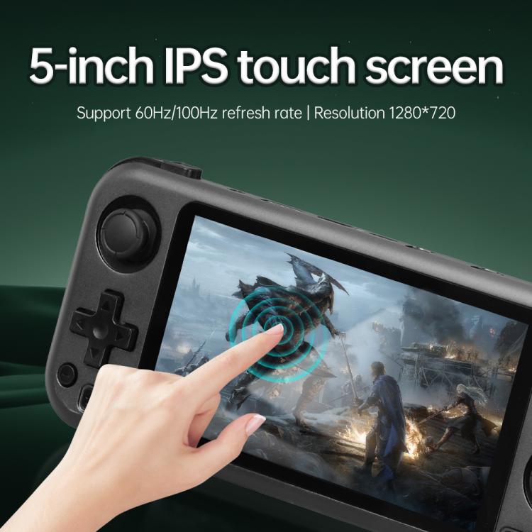 Handheld game console close-up with 5-inch touchscreen and finger tap on dark gray