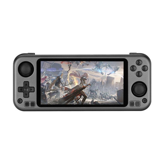 Handheld game console with 5-inch touch screen, dark gray body and dual joysticks