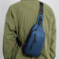 Blue crossbody chest sling bag with adjustable strap and front vertical zip pocket.