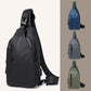 Crossbody sling bag lineup in black, blue, gray, and green with adjustable strap.