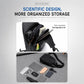 Black crossbody bag open to show multi-pocket interior organizer compartments