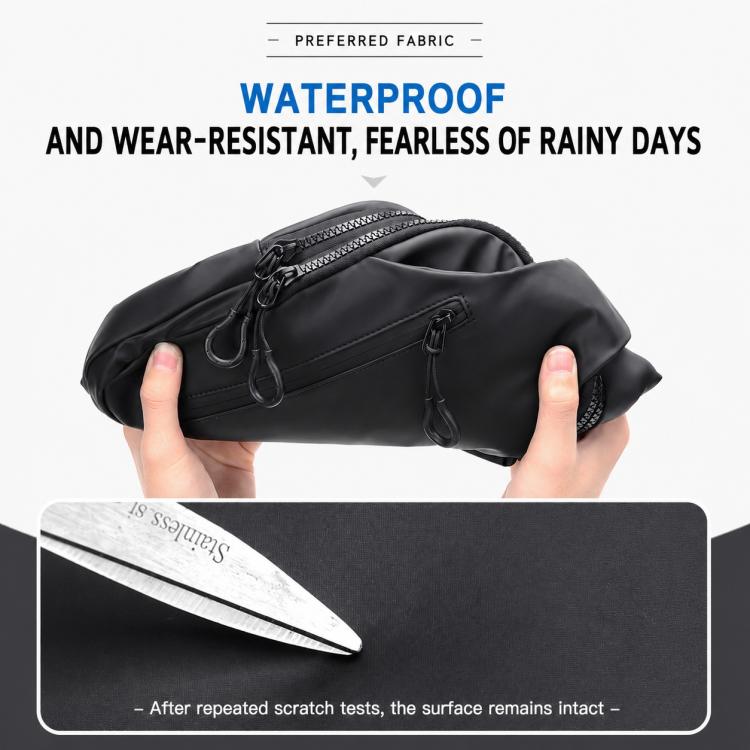 Black waterproof crossbody bag with dual side zippers and adjustable shoulder strap