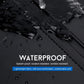 Waterproof fabric close-up with zipper seam and water droplets on black bag material