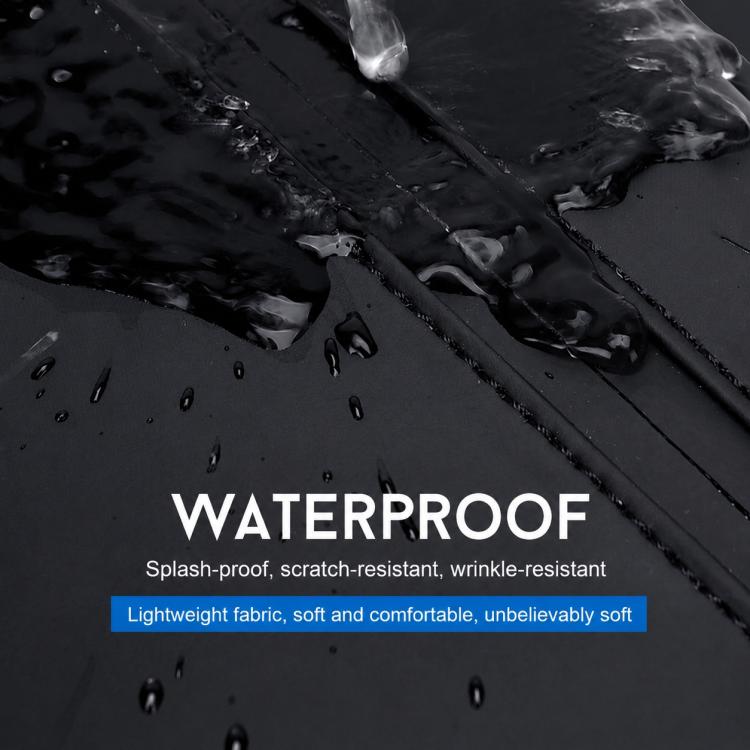 Waterproof fabric close-up with zipper seam and water droplets on black bag material