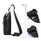 Black sling bag with wide strap; inset shows interior storage compartments.