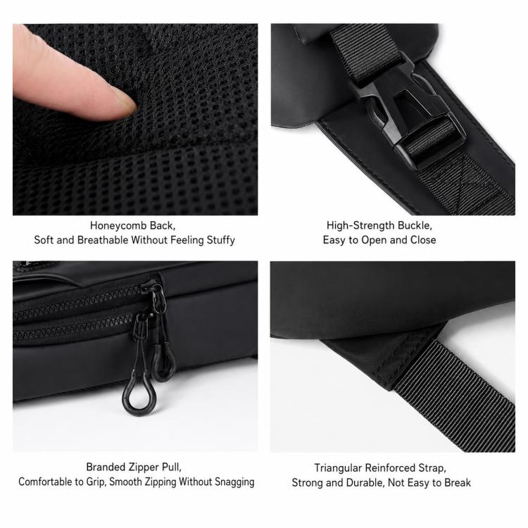 Black sling bag details: breathable honeycomb back, reinforced straps, and zipper pull.