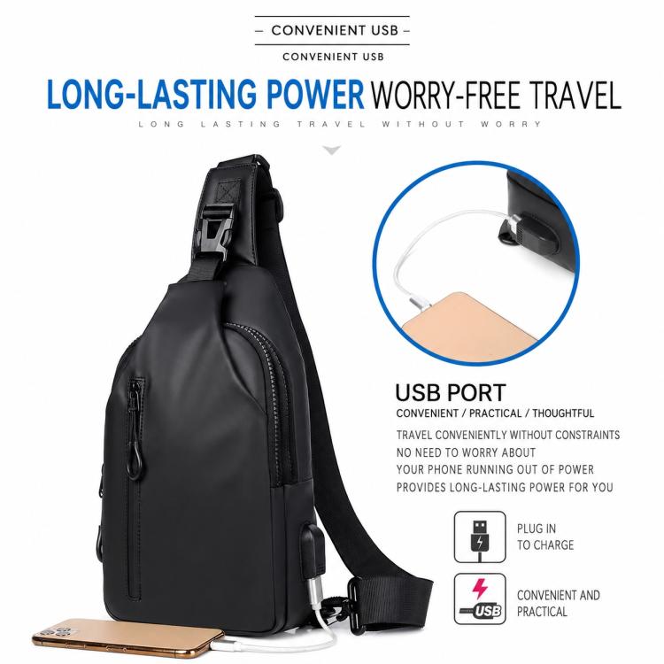Black crossbody sling bag with front zipper pocket and visible USB charging port