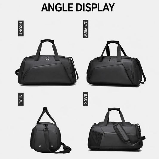 Black travel duffel bag with multiple carrying straps and zippered compartments