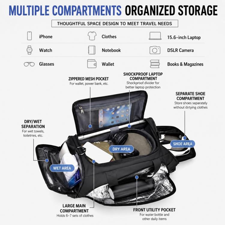 Black duffel bag with separated shoe area, mesh pocket, and multiple interior compartments