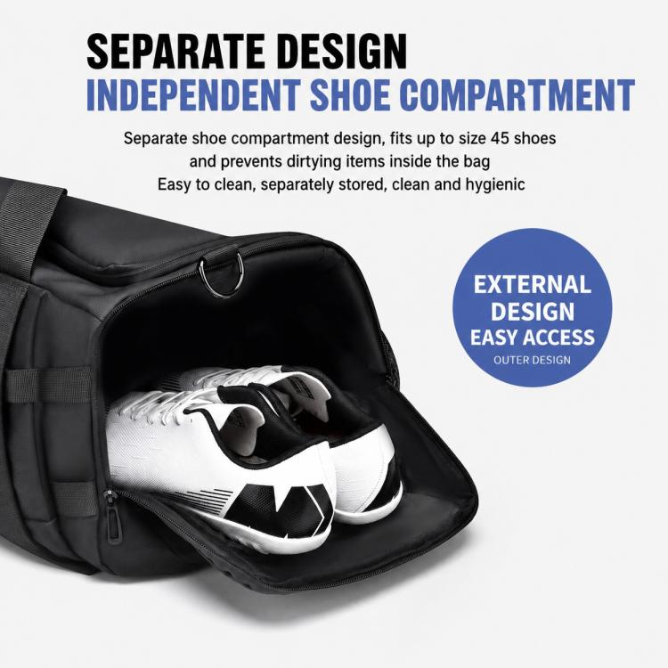 Black duffel bag with independent shoe compartment holding a pair of shoes