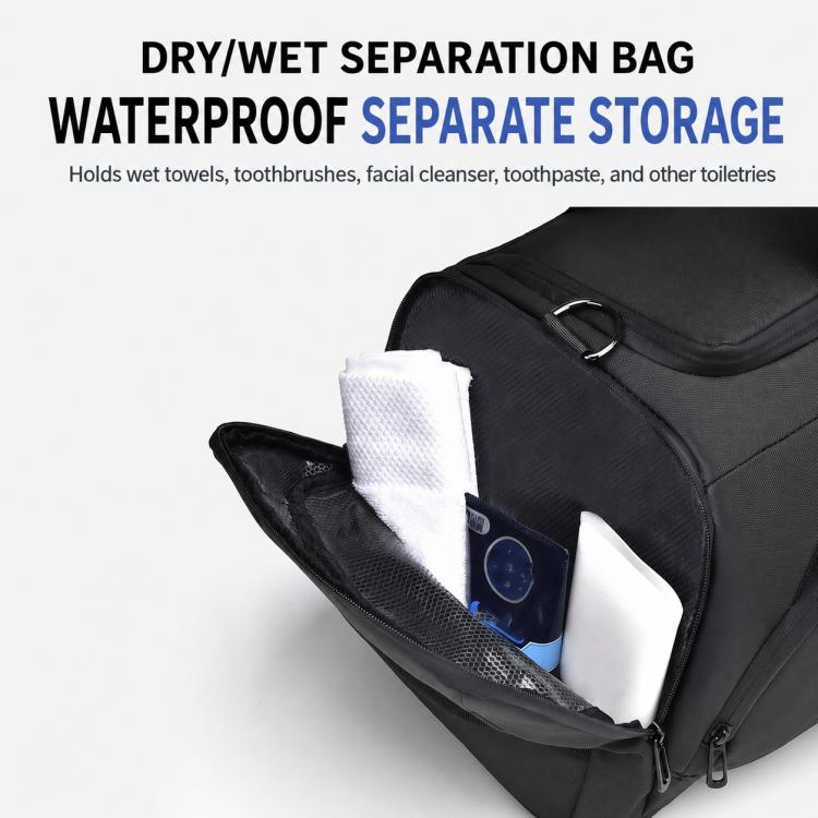 Black wet/dry separation duffel bag with inner zip pocket for toiletries
