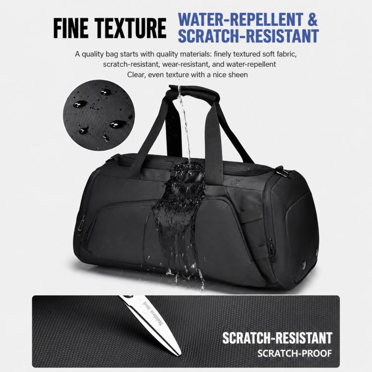 Black water-repellent duffel bag with durable, scratch-resistant textured finish
