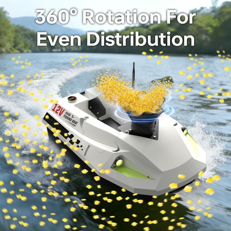 Remote bait boat with black feed spreader releasing yellow pellets