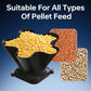 Black feed spreader funnel with yellow and orange pellet varieties