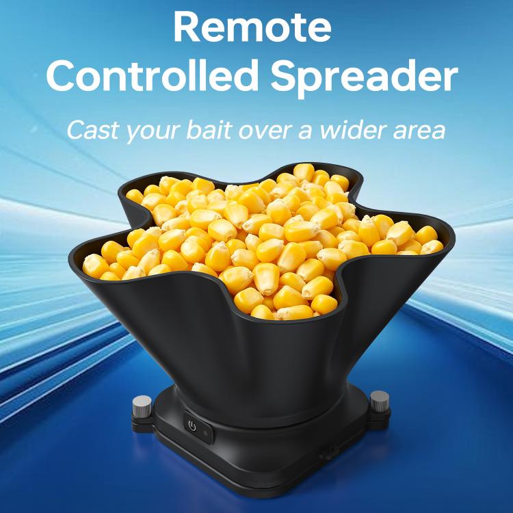 Remote bait boat with black feed spreader funnel full of yellow pellets