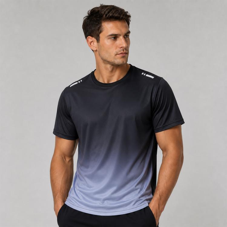Men's running T-shirt, black to pale-blue gradient, crew neck, short sleeves