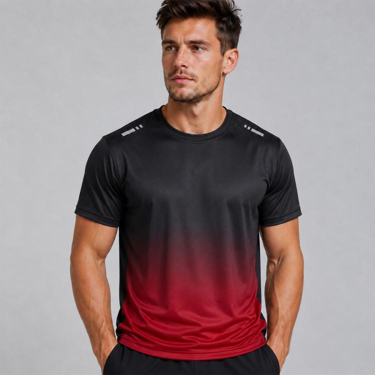 Men's running T-shirt, dark-to-red gradient fabric, short sleeves, crew neck