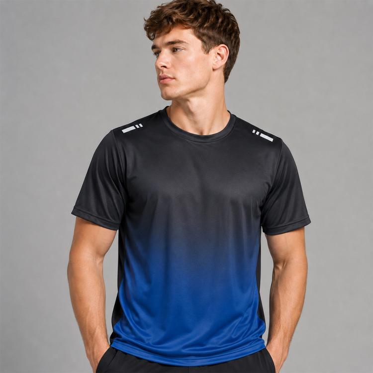 Men's running short-sleeve T-shirt, black-to-blue gradient, crew neck, relaxed standing front