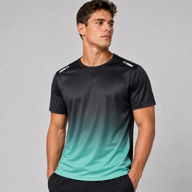 Men's running short-sleeve T-shirt, black-to-turquoise gradient, crew neck, upright front view