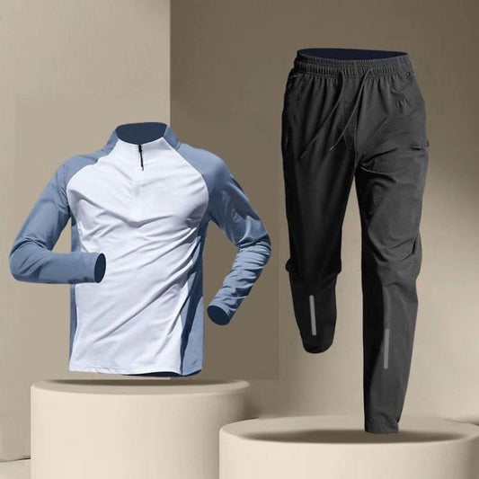 Men's quick-dry gym set: white and light blue long-sleeve half-zip top with black joggers