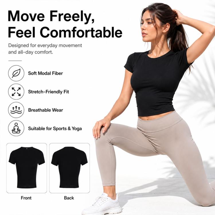 Black fitted crew neck short-sleeve t-shirt, front view and back view