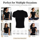 Black crew neck short-sleeve t-shirt centered on product-style collage