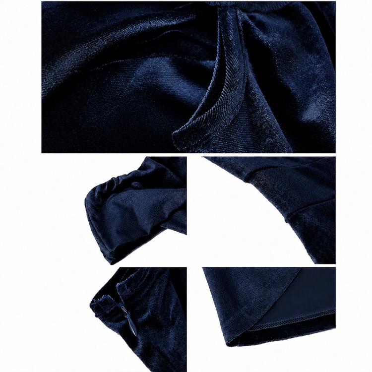 Dark navy velvet dress fabric close-up with draped panel seams and textured sheen