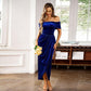 One-shoulder velvet slim-fit dress, royal blue, one-shoulder neckline, side slit