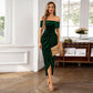 One-shoulder velvet slim-fit dress, dark green, one-shoulder neckline, side slit