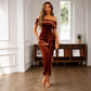 One-shoulder velvet slim-fit dress, rust-brown velvet, one-shoulder neckline, side slit