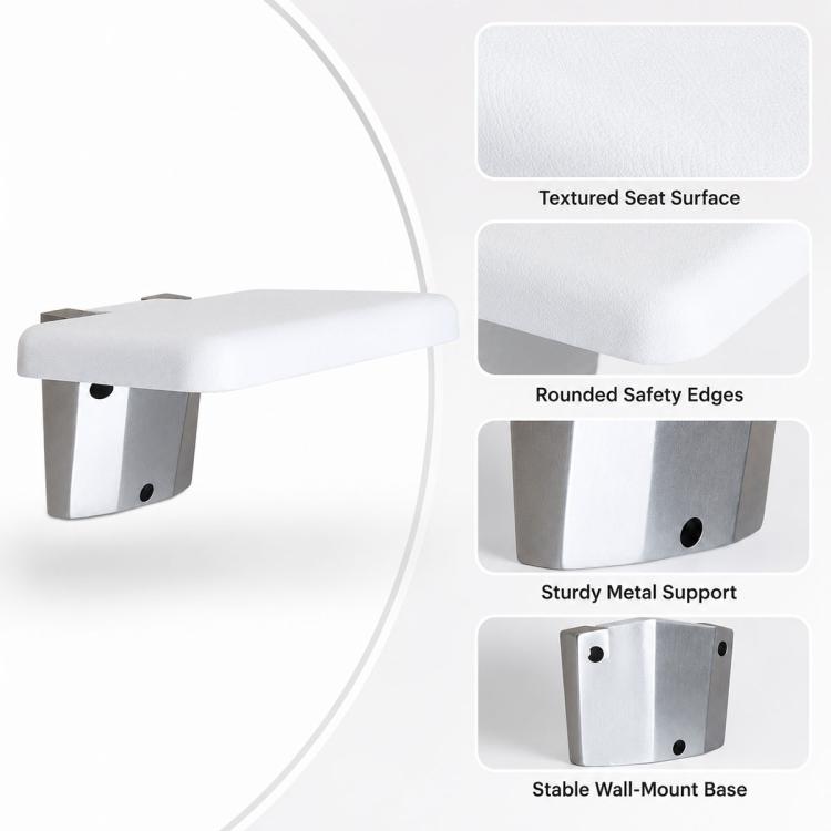 Wall Mounted Folding Solid Waiting Chairs Bathroom Stool Seat Toilet Chairs, Square (White)