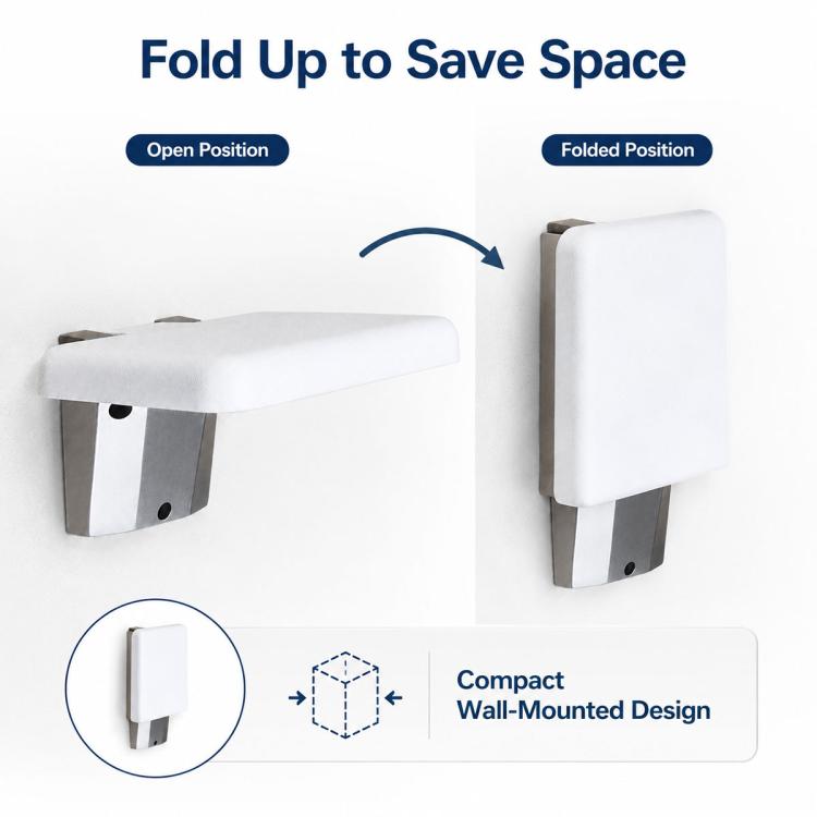 Wall Mounted Folding Solid Waiting Chairs Bathroom Stool Seat Toilet Chairs, Square (White)