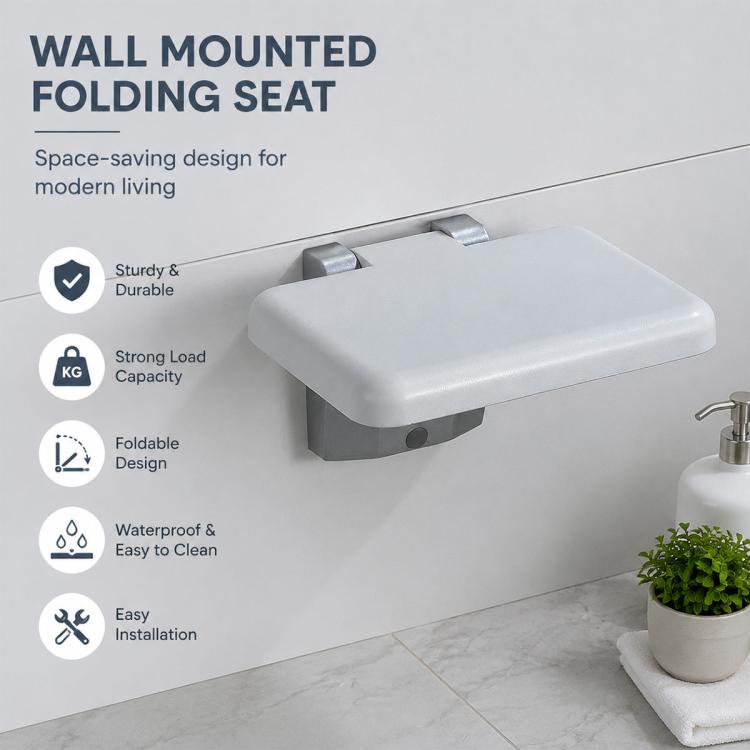 Wall Mounted Folding Solid Waiting Chairs Bathroom Stool Seat Toilet Chairs, Square (White)